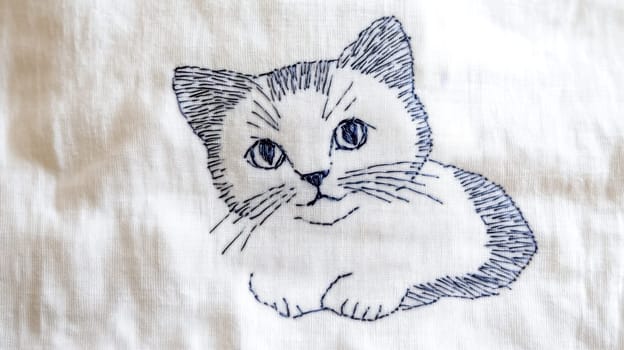 Simple line stitch embroidery featuring a cat resting on soft white fabric, highlighting a minimalist design and showcasing delicate needlework with intricate details