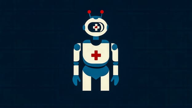 Medical robot assistant standing against a dark blue background, potentially symbolizing the future of healthcare and the increasing role of robotics in medical fields