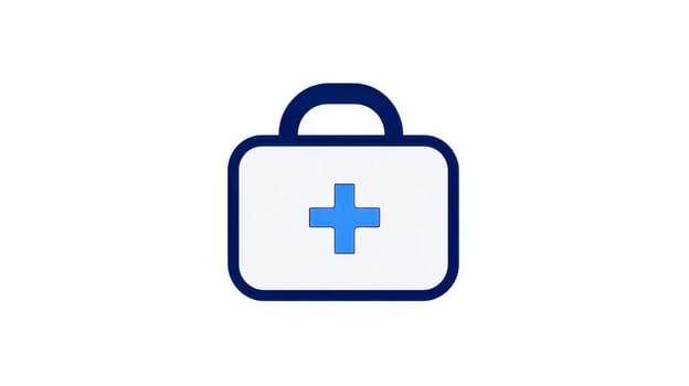 Medical briefcase icon with a prominent blue cross, representing healthcare services, first aid, and medical supplies, isolated on a white background