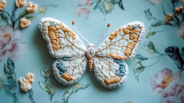 Intricately embroidered butterfly brooch, crafted with vintage charm, rests delicately on a floral fabric, showcasing the detailed needlework and pastel color palette