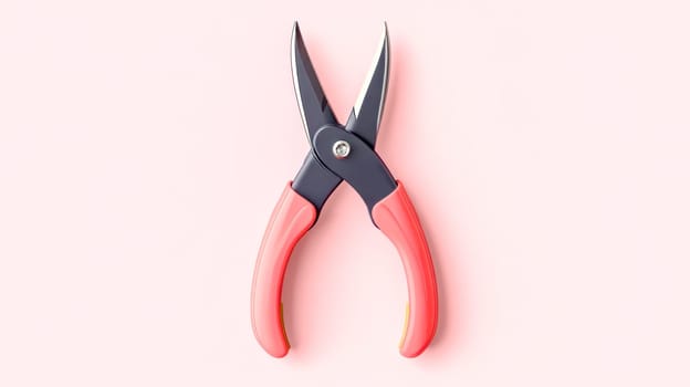 Pink wire cutters with dark gray metallic blades lying open on a solid light pink background, creating a minimalist and visually appealing composition