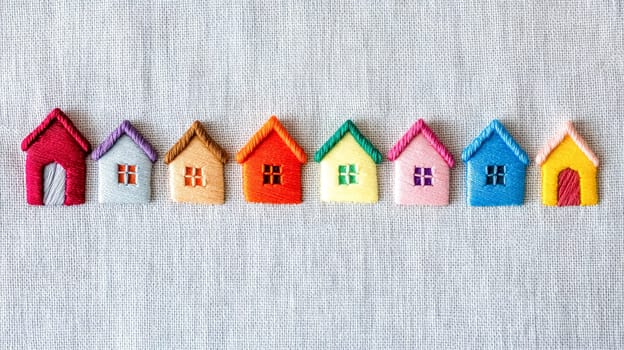 Eight small colorful houses are embroidered and forming a neat row on a piece of light gray linen fabric, creating a charming and whimsical scene