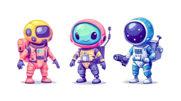 Three colorful astronauts in vibrant spacesuits are embarking on an exciting adventure, exploring the vast expanse of space while discovering the wonders of the cosmos