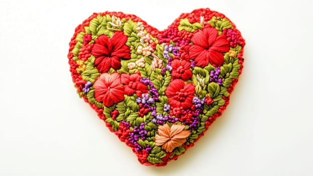 Red embroidered heart filled with small colorful flowers and green leaves, representing love, passion, and handmade craftsmanship, lying on a white background