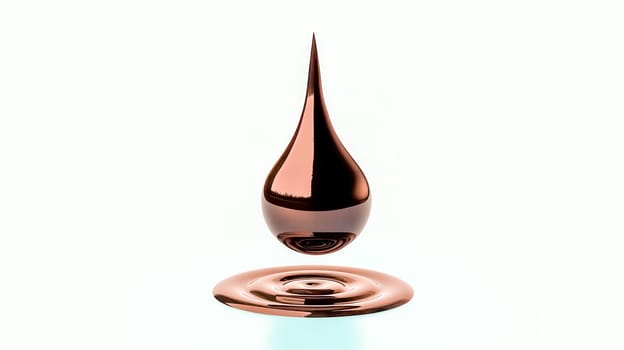 Computer generated image showcases a metallic, copper colored oil drop dripping onto a surface, creating concentric ripples, against a minimalist white backdrop