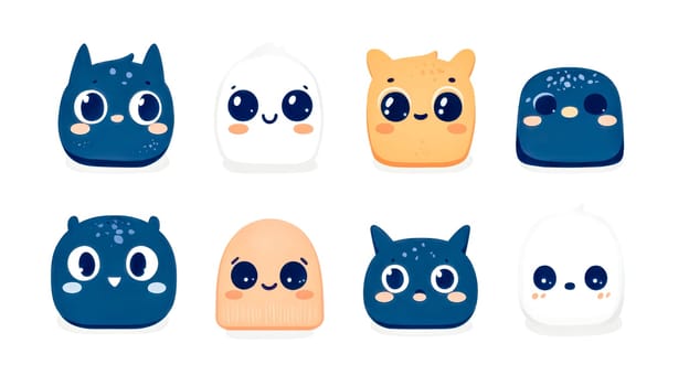 Eight adorable and minimalist cartoon characters, featuring various shapes, colors, and expressions, create a cheerful and playful scene perfect for children's designs