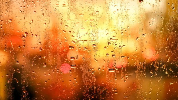 Drops of water on a glass surface reflect soft, warm light, creating an abstract, textured background with a blurred cityscape in the background during sunset
