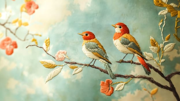Colorful embroidered birds are perched on a branch adorned with delicate leaves and flowers, showcasing the artistry of needlework against a serene sky blue background