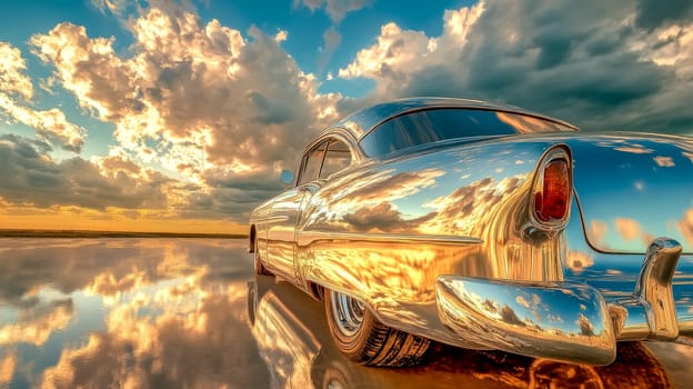 Polished chrome vintage car parked on wet asphalt reflects the vibrant colors of a dramatic sunset sky, creating a stunning visual spectacle
