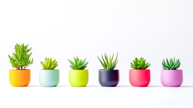 Six small potted plants of various colors and species are arranged in a row on a white background, creating a vibrant and minimalist display