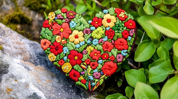 Colorful embroidered heart shaped decoration filled with small flowers resting on a rock in a natural setting, showcasing the beauty of handmade crafts and floral artistry