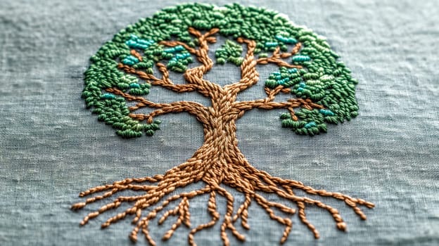 Close up of intricately embroidered tree of life design featuring detailed roots and branches stitched in green and brown on textured linen, symbolizing nature and growth