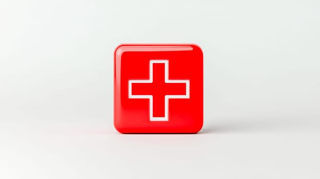 Glossy red square featuring a prominent white cross, representing healthcare, first aid, and medical services, set against a clean, minimalist white backdrop, creating a striking visual impact