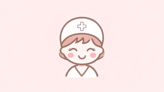 Smiling nurse wearing a traditional cap with a cross, representing care and professionalism in healthcare, set against a soft pink background