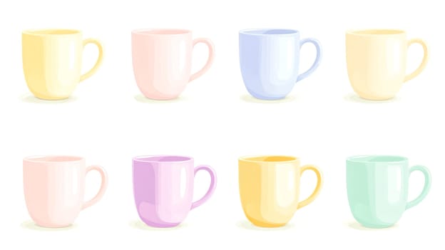 Eight pastel colored coffee mugs are displayed on a white background, showcasing a variety of soft hues, perfect for a cozy and stylish kitchen