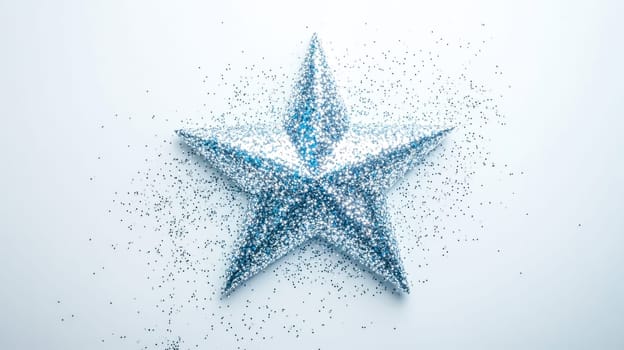 Large, sparkling blue star ornament lies on a white background, surrounded by scattered glitter, creating a festive and celebratory atmosphere
