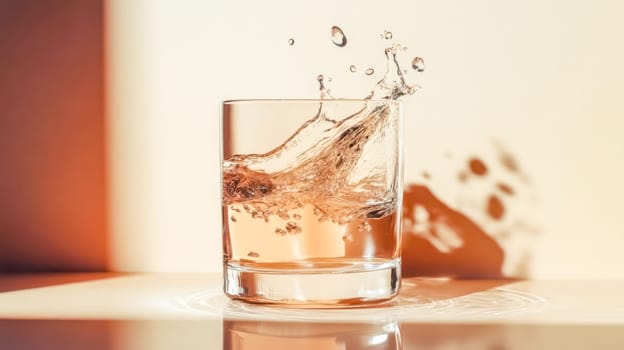 Transparent glass of water with splash and drops on reflective surface with warm light and shadows creating an aesthetically pleasing scene