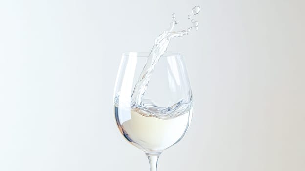 Wineglass being filled with white wine, splashing upwards and creating droplets, against a white background, representing celebration, refreshment, and the enjoyment of fine beverages