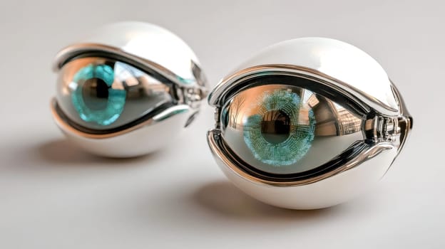 Featuring two futuristic bionic eyes with glowing turquoise irises and metallic silver housing resting on a smooth white surface, highlighting advancements in vision enhancement and cybernetics