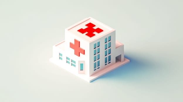 Minimalist representation of a hospital building featuring a prominent red cross symbol, symbolizing healthcare, medical services, and emergency care within a clean and modern architectural design
