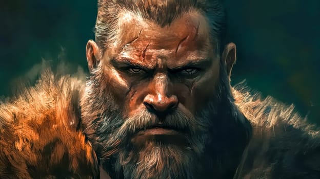 Digital painting of a strong viking warrior with thick hair and broad shoulders, wearing fur and ready for battle, with a determined expression