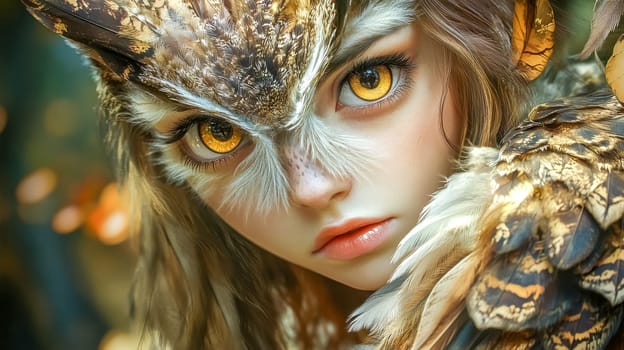 Fantasy art portrait of a beautiful young woman with large golden owl eyes, wearing an elaborate feathered headdress and cloak, creating a mystical and enchanting atmosphere
