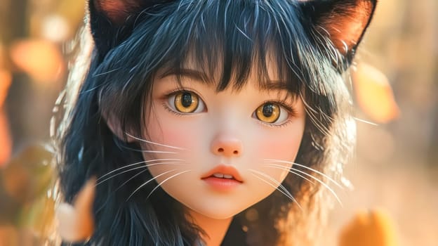 Close up portrait of a young girl with cat like features, including soft whiskers and golden eyes, wearing cat ears, creating a whimsical and enchanting fantasy scene