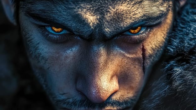 Close up portrait featuring a man with striking wolf like features, showcasing intense yellow eyes and a prominent scar on his face, enhancing a dark and mysterious atmosphere