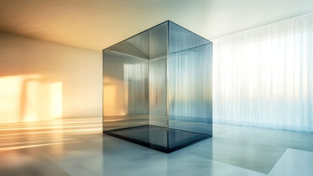 Sunlight reflecting off a large glass cube positioned in the center of a modern minimalist room, featuring white curtains and a sleek tiled floor, creates a bright and elegant atmosphere