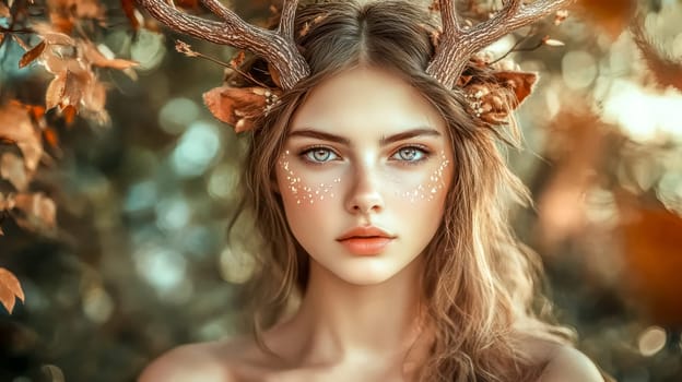 Fantasy portrait of a beautiful woman wearing delicate antlers and posing in an autumn forest, creating a magical and enchanting atmosphere