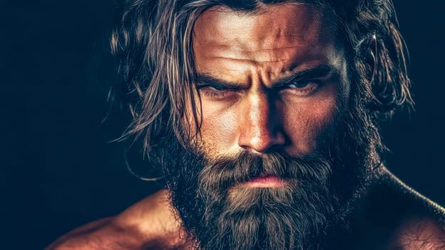 Close up portrait of a muscular bearded man with long hair and frowning eyebrows showing an intense and powerful expression against a dark background, creating a dramatic and captivating image