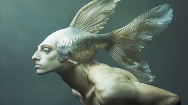 Artistic representation of a human fish hybrid showcasing the surreal transformation with large, elegant fins emerging from the back of the head, blending human and aquatic elements