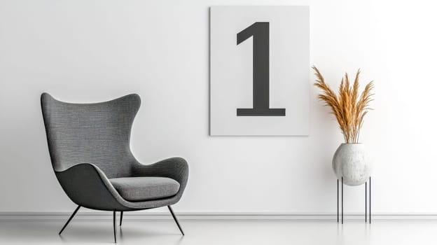 Minimalist interior design showcasing a stylish gray armchair, a large canvas print displaying the number one, and a decorative vase with dried pampas grass, creating a clean and modern aesthetic