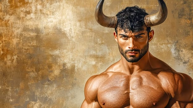Strong minotaur with powerful bull horns posing confidently, displaying impressive muscles and a hairy chest against a textured wall, exuding strength and virility