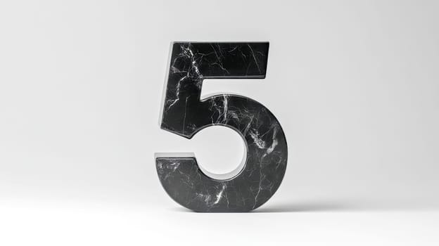 Large black marble number five resting on a minimal white background, symbolizing concepts of rating, score, fifth position, and quantity in a clean and elegant design