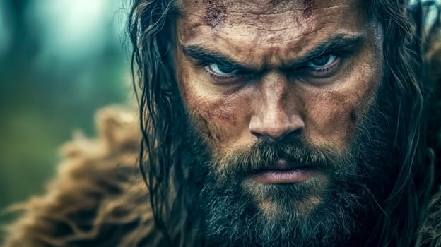 Close up portrait of a fierce warrior with long hair and beard, wearing furs, his face marked with dirt and scars, conveying a sense of power, resilience, and primal intensity