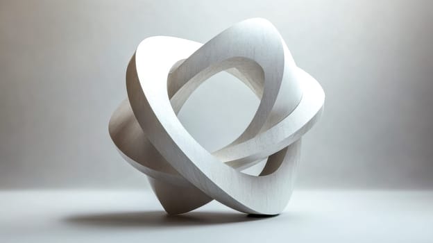 Intricate white abstract shape resembling intertwined rings or loops creating a visually stimulating design against a plain white backdrop, evoking themes of complexity, connection, and modern art