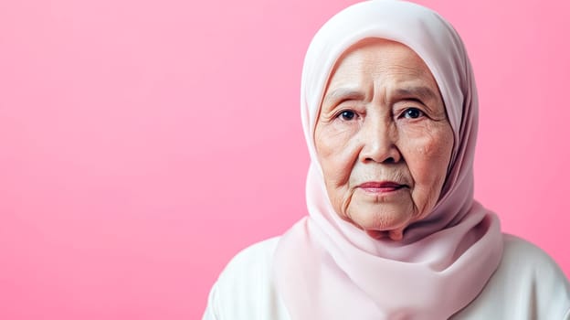 Studio portrait of an elderly muslim woman wearing a pink hijab, conveying wisdom, resilience, and cultural heritage against a vibrant pink backdrop