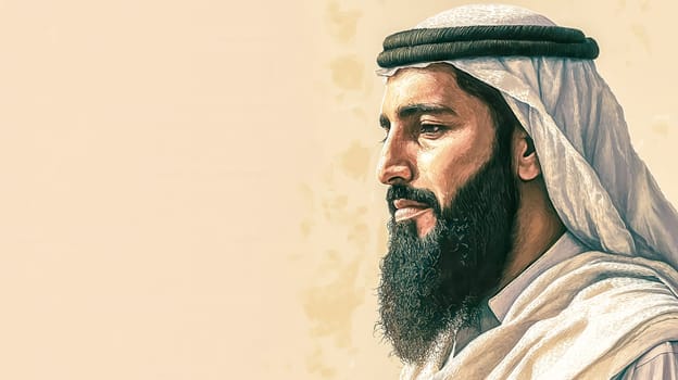 Realistic digital painting of an arab man wearing traditional clothing, showcasing his pride and cultural heritage with a neutral background highlighting his features