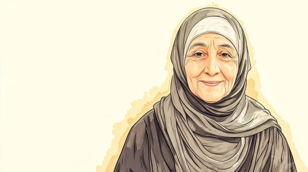 Colorful portrait of a smiling senior muslim woman wearing a hijab, showcasing her grace, wisdom, and cultural heritage in a simple yet elegant composition