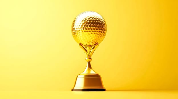 Golf trophy made of gold standing on a yellow background, celebrating the victory and success in a golf tournament, with copy space on the right