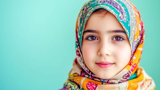 Close up portrait of a smiling young muslim girl wearing a vibrant and colorful hijab, showcasing her cultural identity against a cheerful turquoise backdrop