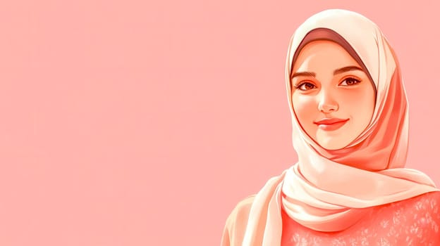 Beautiful young muslim woman wearing a hijab smiles gently against a vibrant pink backdrop, creating a striking and culturally rich portrait