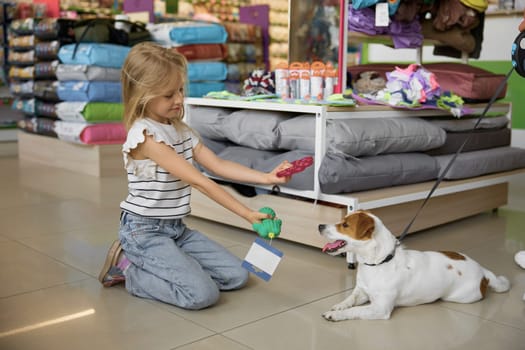 Happy child girl testing new toys for dog at pet shop. Customer shopping at vet department store of supermarket