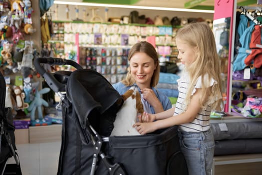 Happy mother and daughter testing carriage for dog at pet store. Weekend family shopping together