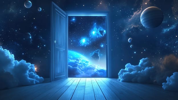 Door opening to the universe with planets, stars, nebulae and clouds from a wooden floor