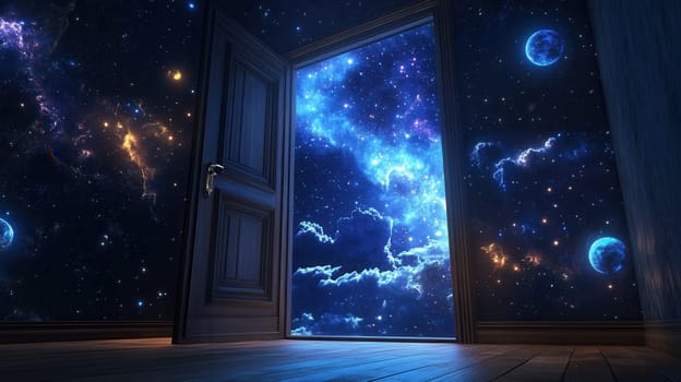 Surreal image of an open door revealing a breathtaking view of colorful universe filled with planets, nebulae, and stars