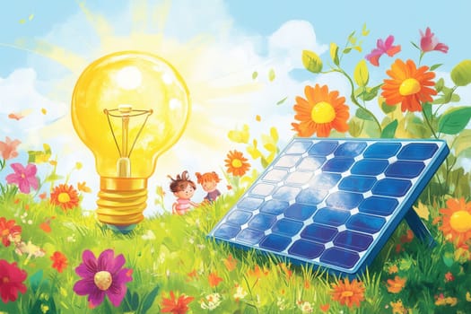 Solar panel and light bulb illuminating a colorful field of flowers, symbolizing renewable energy and a bright future for children
