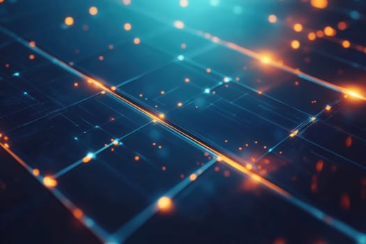 Orange and blue glowing lines creating a futuristic technological grid pattern