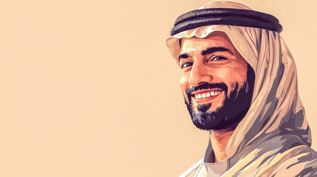 Digital painting of sheikh mohammed bin zayed al nahyan, president of the uae, wearing traditional emirati clothing, smiling and looking to the side against a plain background with copy space